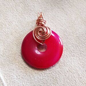 Deep Rose Pink Agate Donut Pendant | One-of-a-kind Copper Wire Wrapped Bail